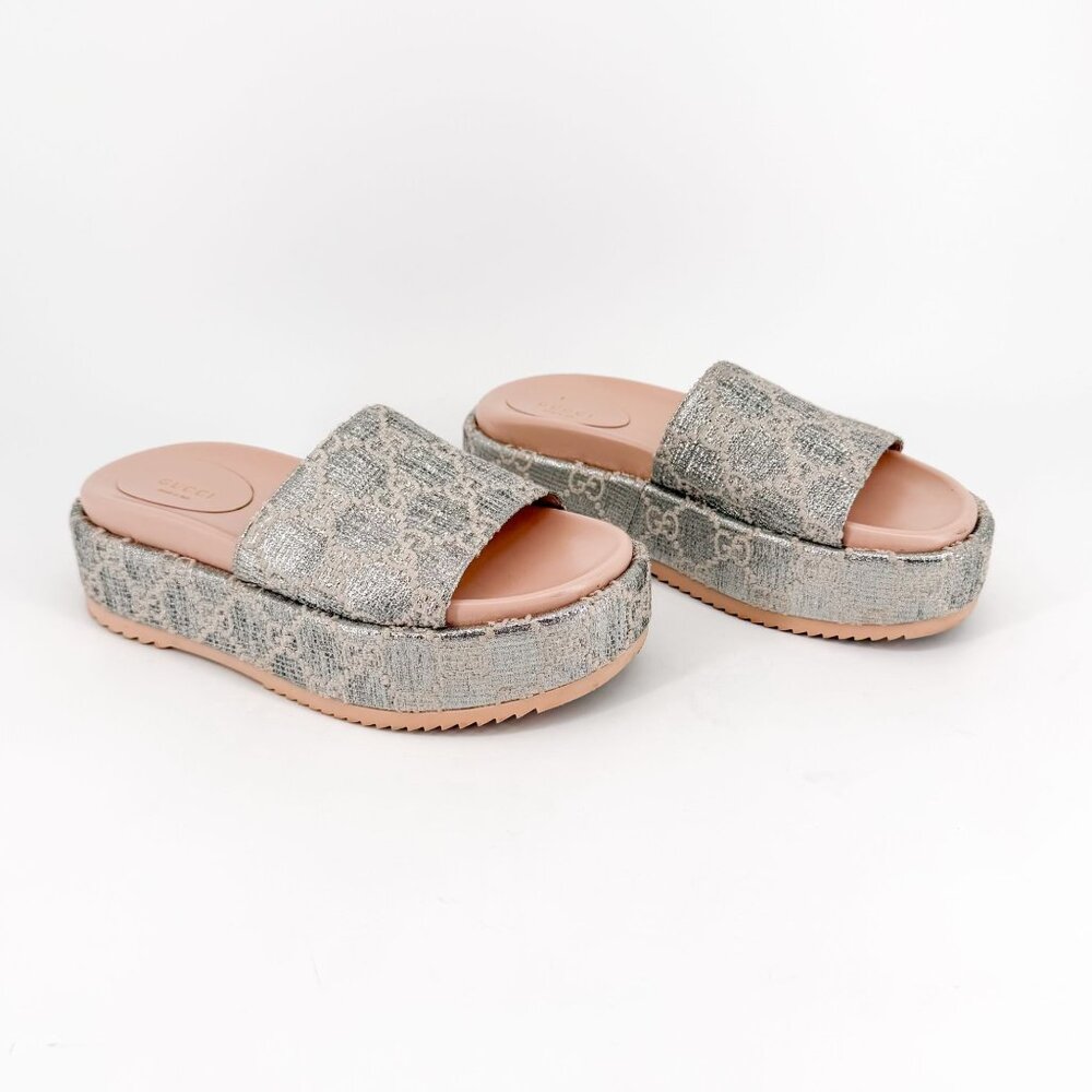 Gucci Angelina Metallic Silver GG Platform Slide Sandals Size 37 US 7 Women’s
